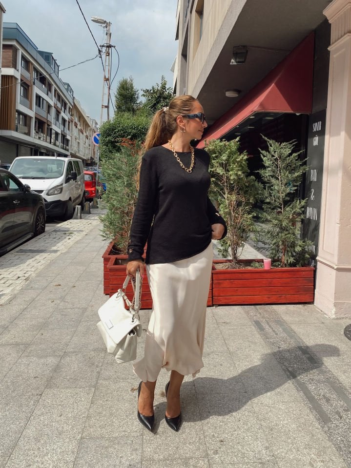 Beli Lastikli Saten Midi Etek Bej