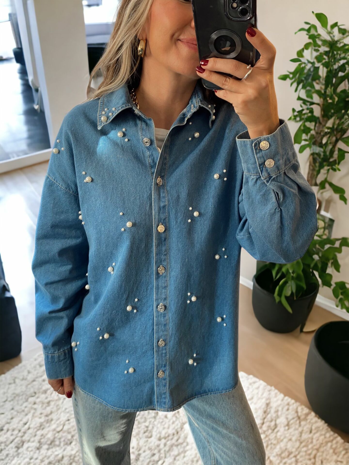 İnci İşlemeli Denim Gömlek