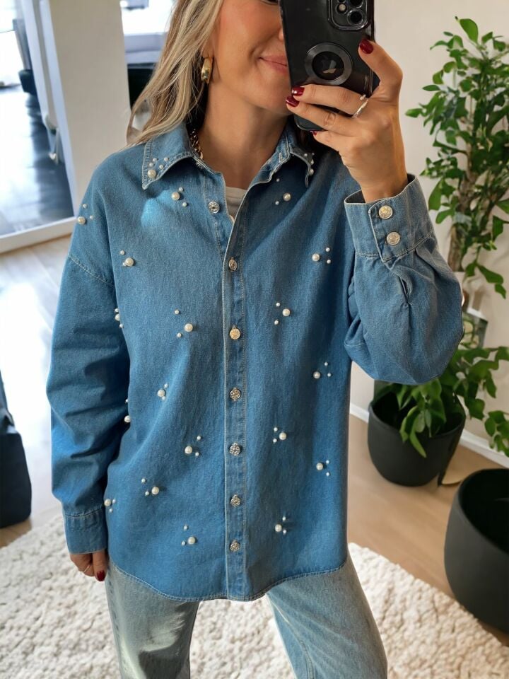 İnci İşlemeli Denim Gömlek