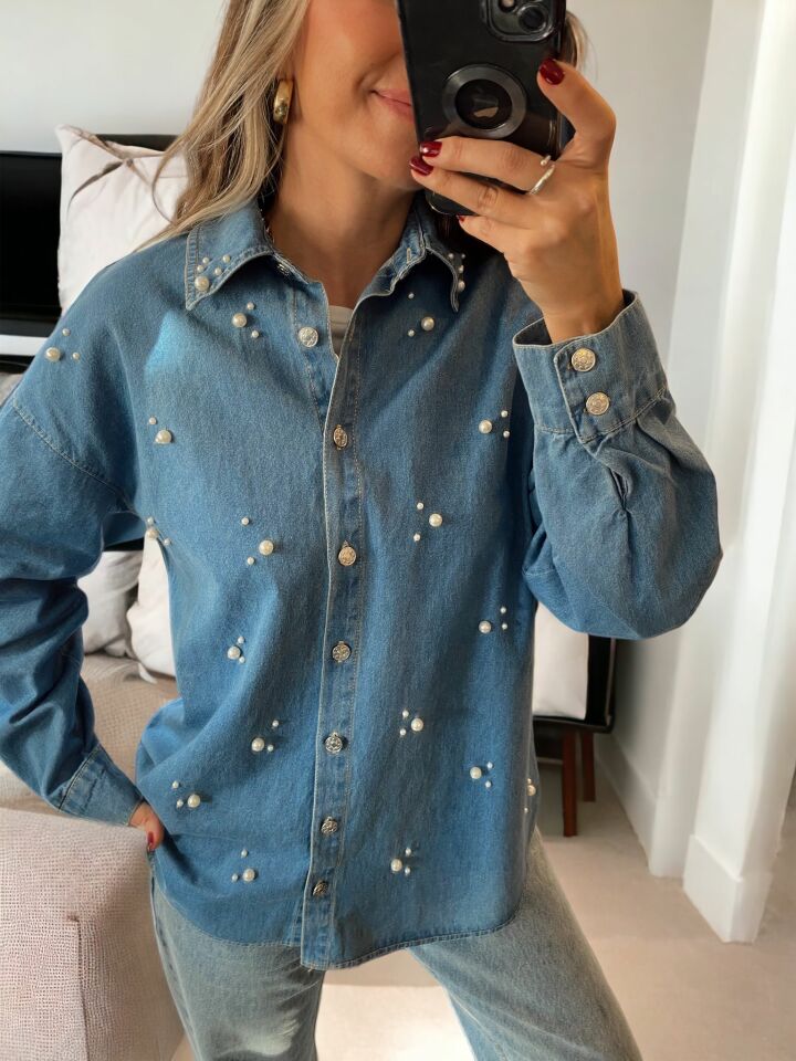 İnci İşlemeli Denim Gömlek