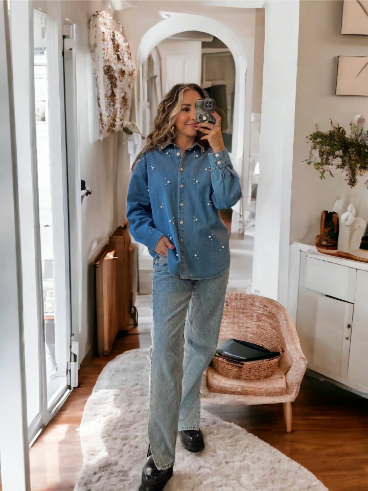 İnci İşlemeli Denim Gömlek