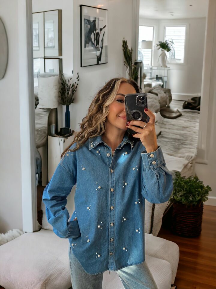 İnci İşlemeli Denim Gömlek