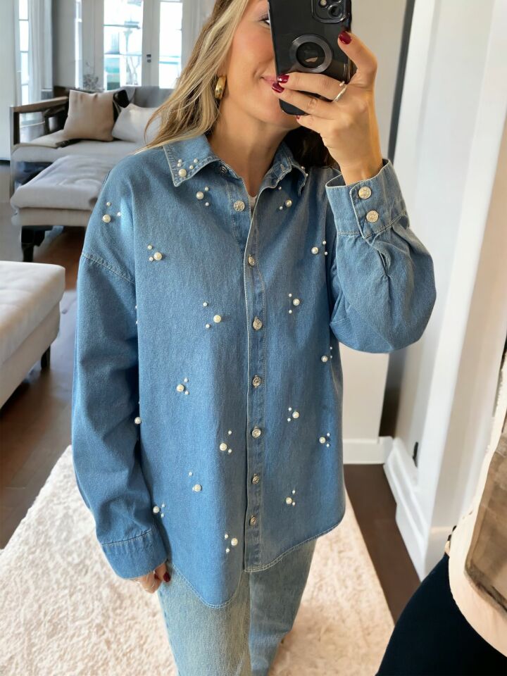 İnci İşlemeli Denim Gömlek
