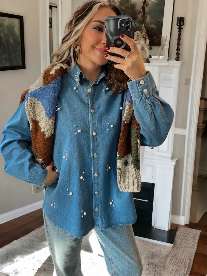 İnci İşlemeli Denim Gömlek