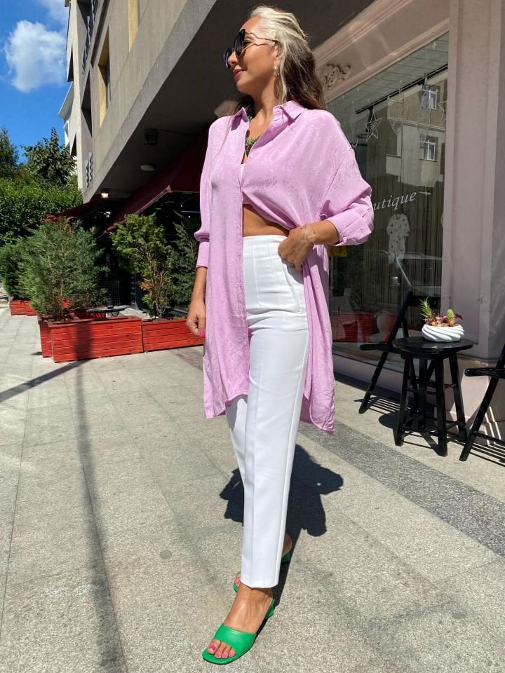 Desenli Oversize Pembe Gömlek Tunik