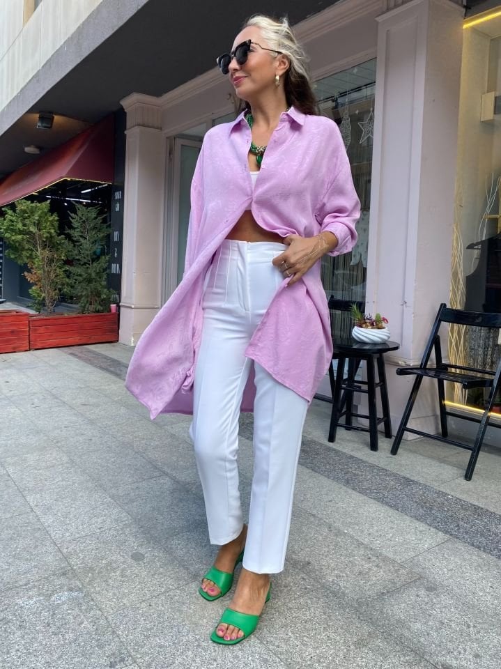 Desenli Oversize Pembe Gömlek Tunik