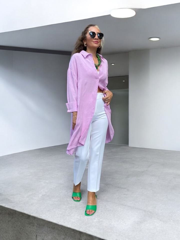 Desenli Oversize Pembe Gömlek Tunik