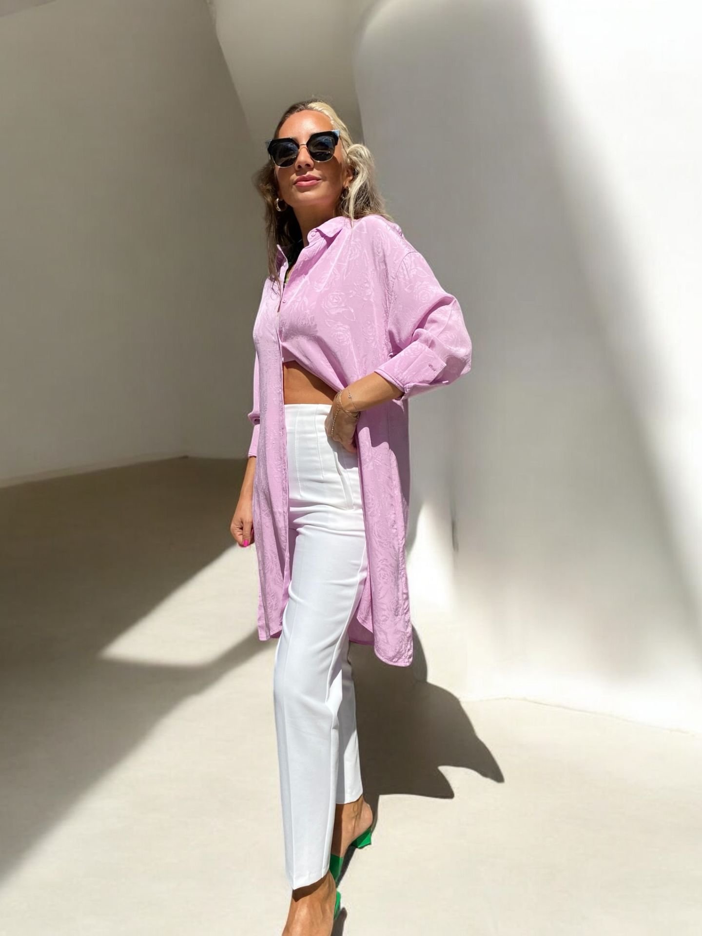 Desenli Oversize Pembe Gömlek Tunik