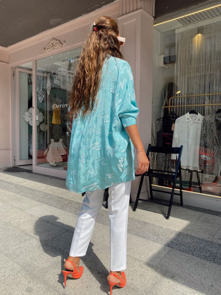 Desenli Oversize Gömlek Açık Mavi