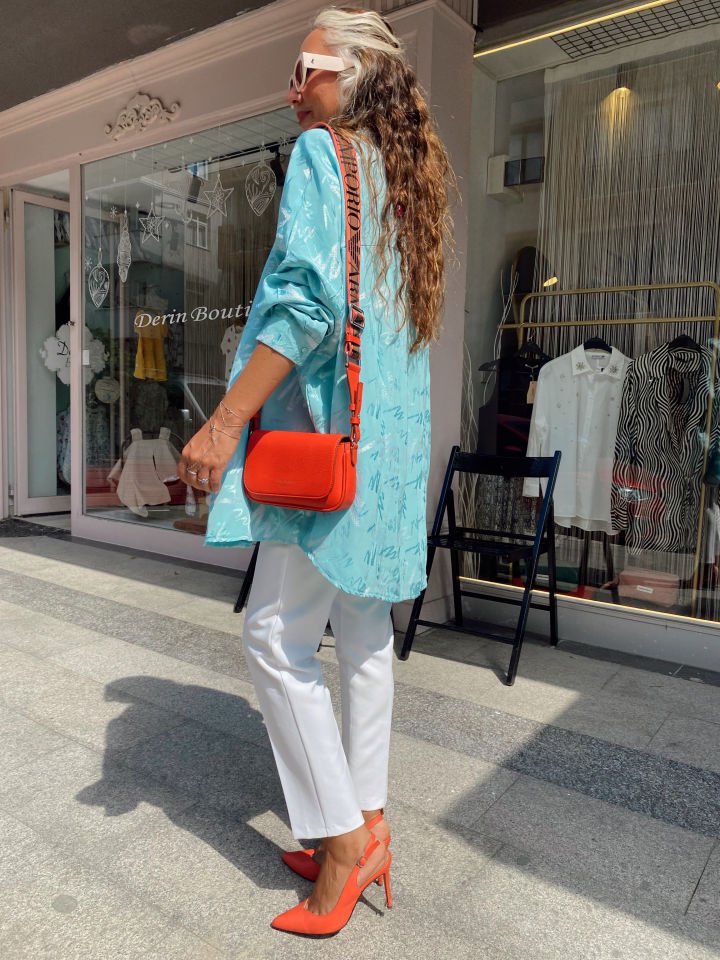Desenli Oversize Gömlek Açık Mavi