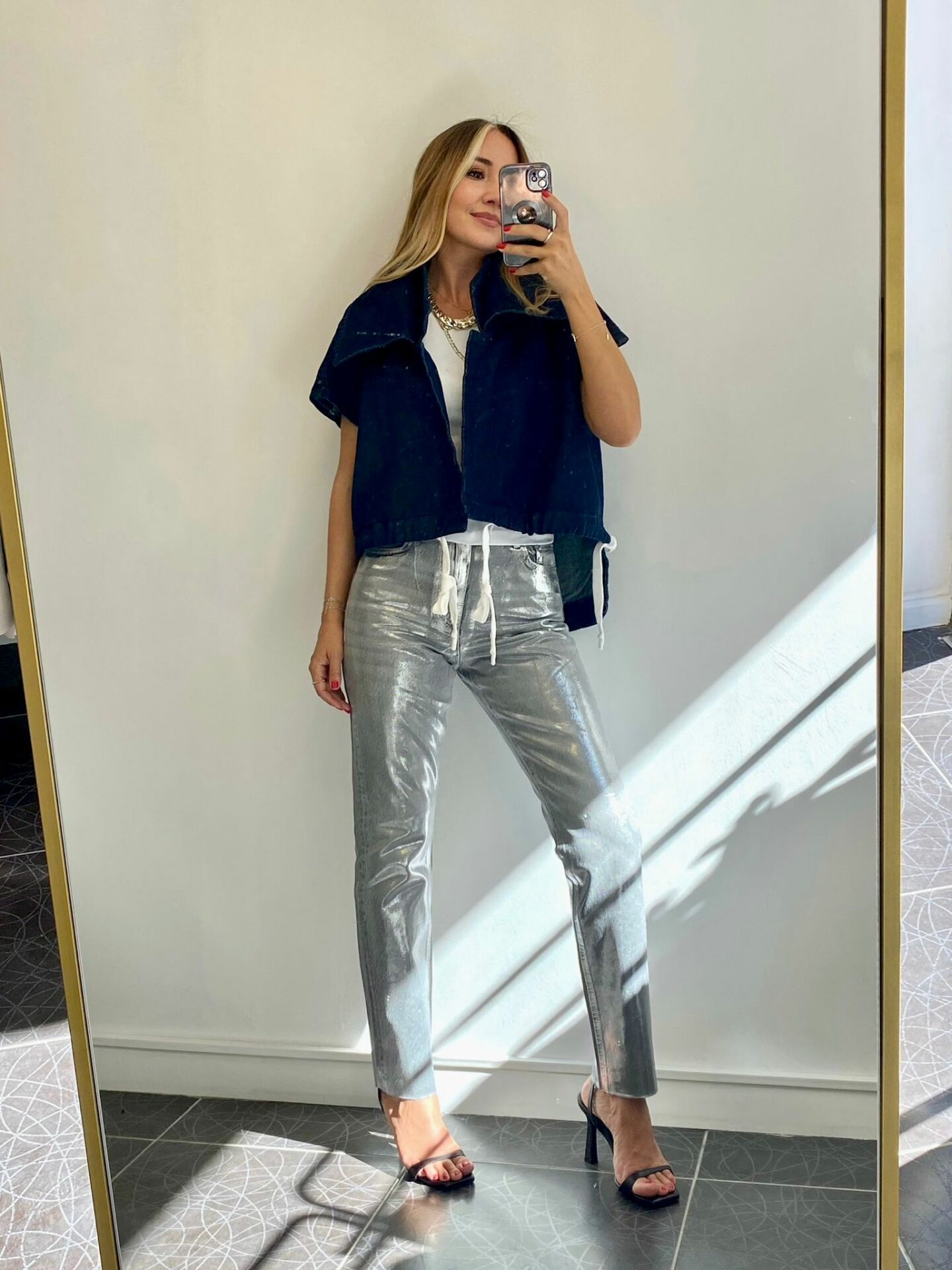 Metalik Gümüş Jean Pantolon