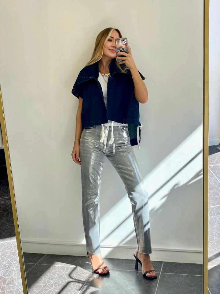Metalik Gümüş Jean Pantolon