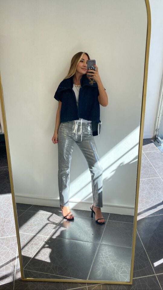 Metalik Gümüş Jean Pantolon