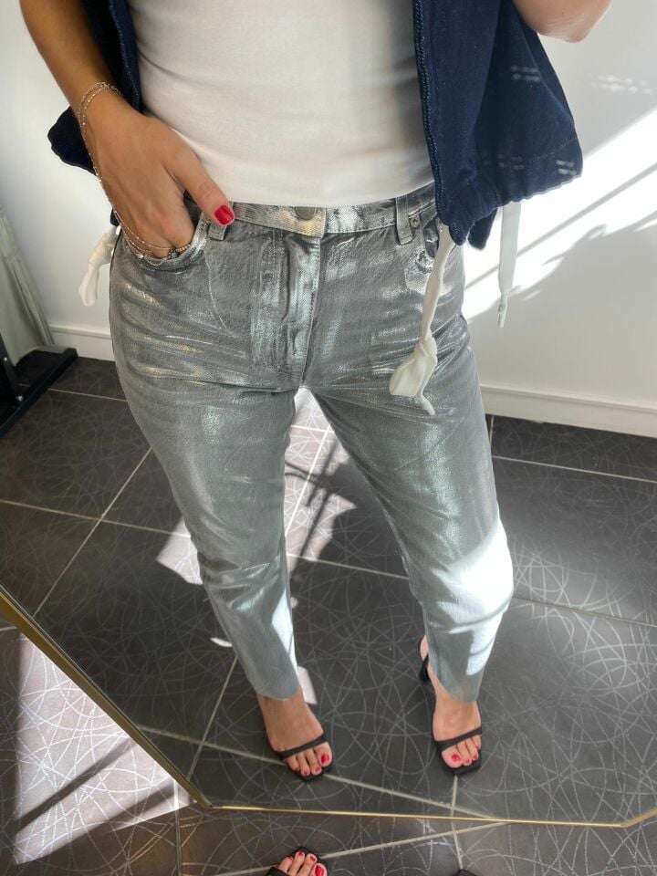 Metalik Gümüş Jean Pantolon