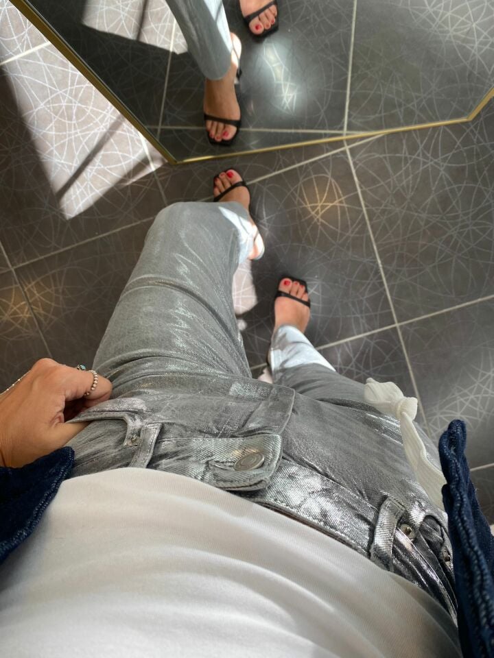 Metalik Gümüş Jean Pantolon