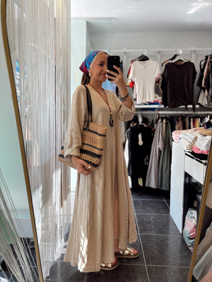 İtalyan Tasarım Maxi Keten Bej Elbise