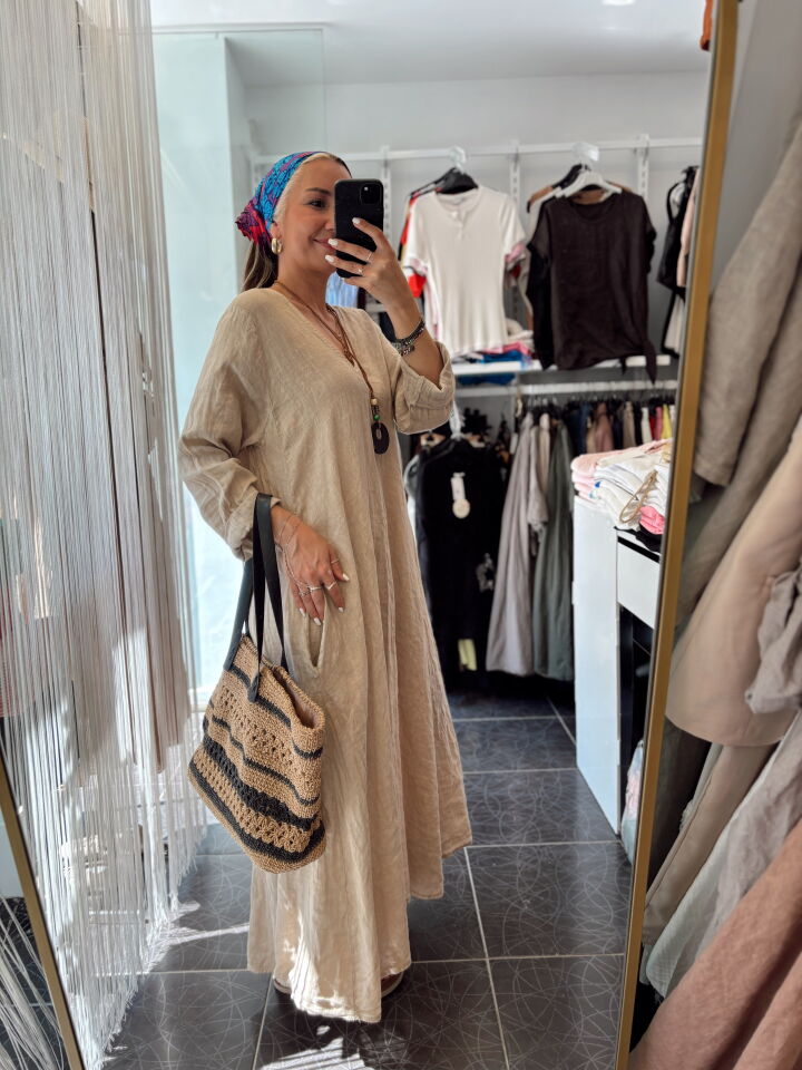 İtalyan Tasarım Maxi Keten Bej Elbise