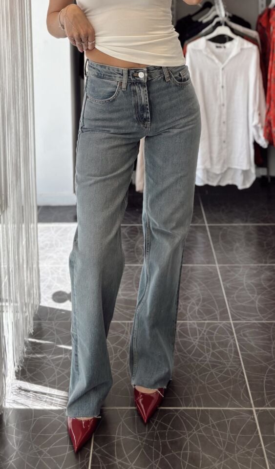 Wide Leg Orta Bel Açık Mavi Jean Pantolon