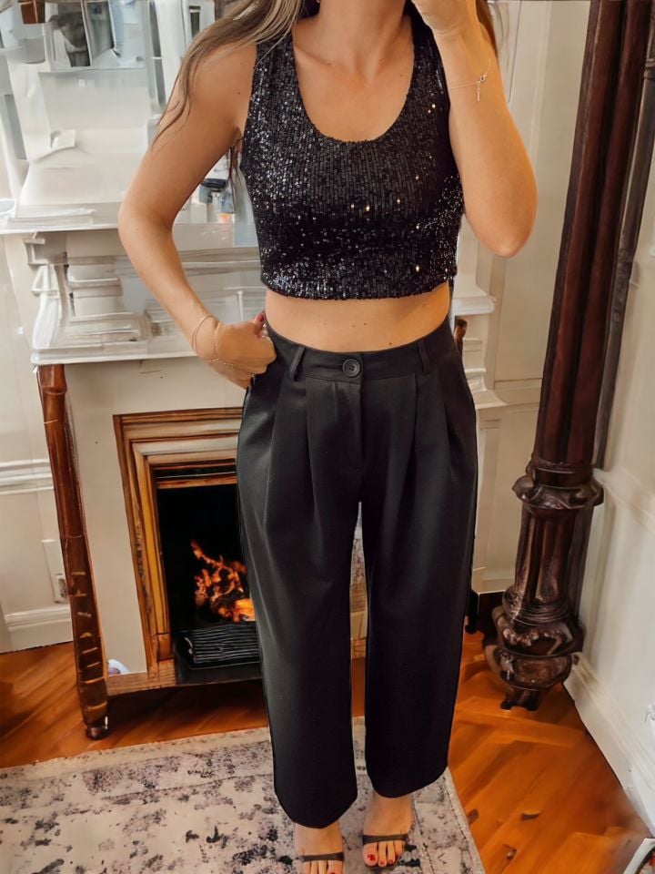 Payetli Siyah Crop Top