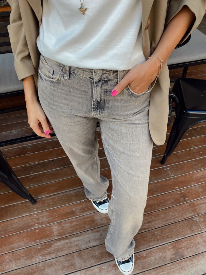 Wide Leg Straight Fit Yüksek Bel Jean Pantolon Gri