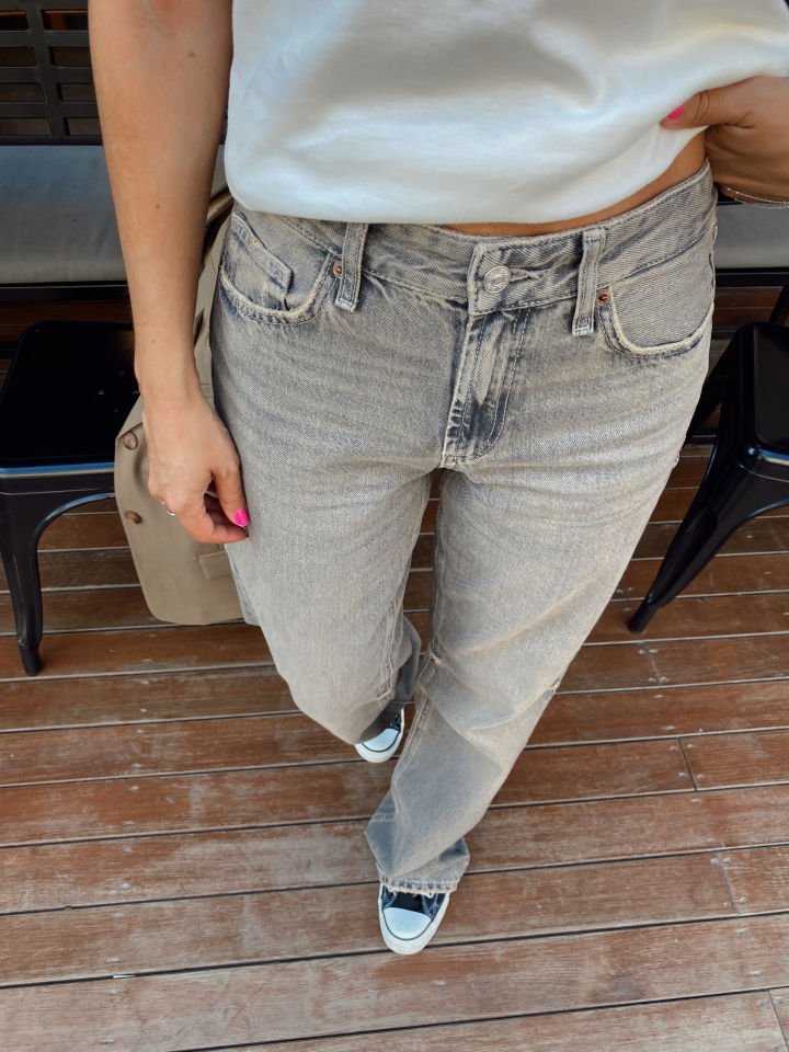 Wide Leg Straight Fit Yüksek Bel Jean Pantolon Gri