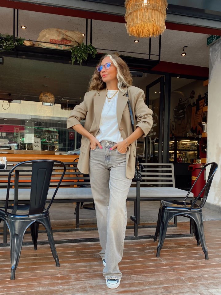 Wide Leg Straight Fit Yüksek Bel Jean Pantolon Gri