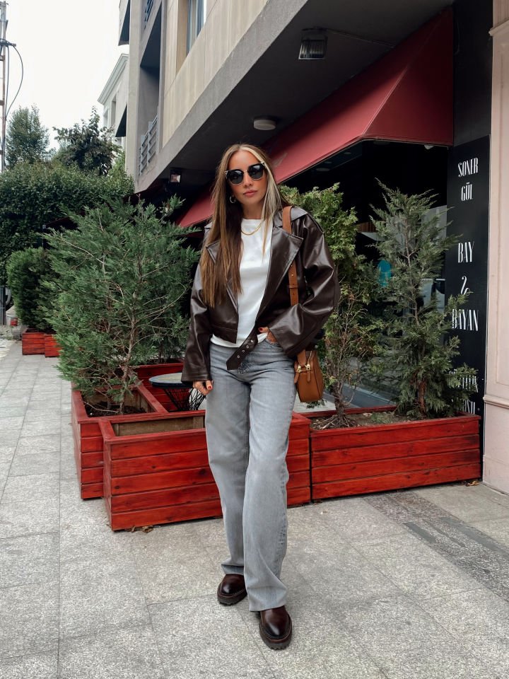 Premium Suni Deri Biker Ceket Acı Kahve