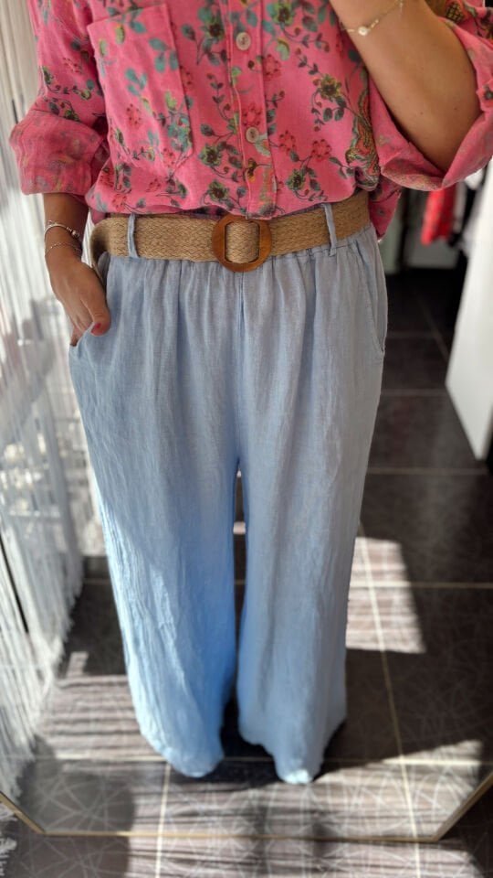 İthal Keten Kemerli Pantolon Mavi