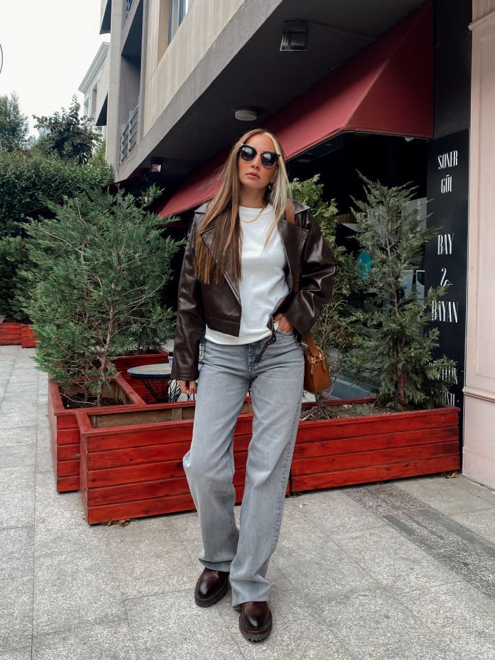 Premium Suni Deri Biker Ceket Acı Kahve