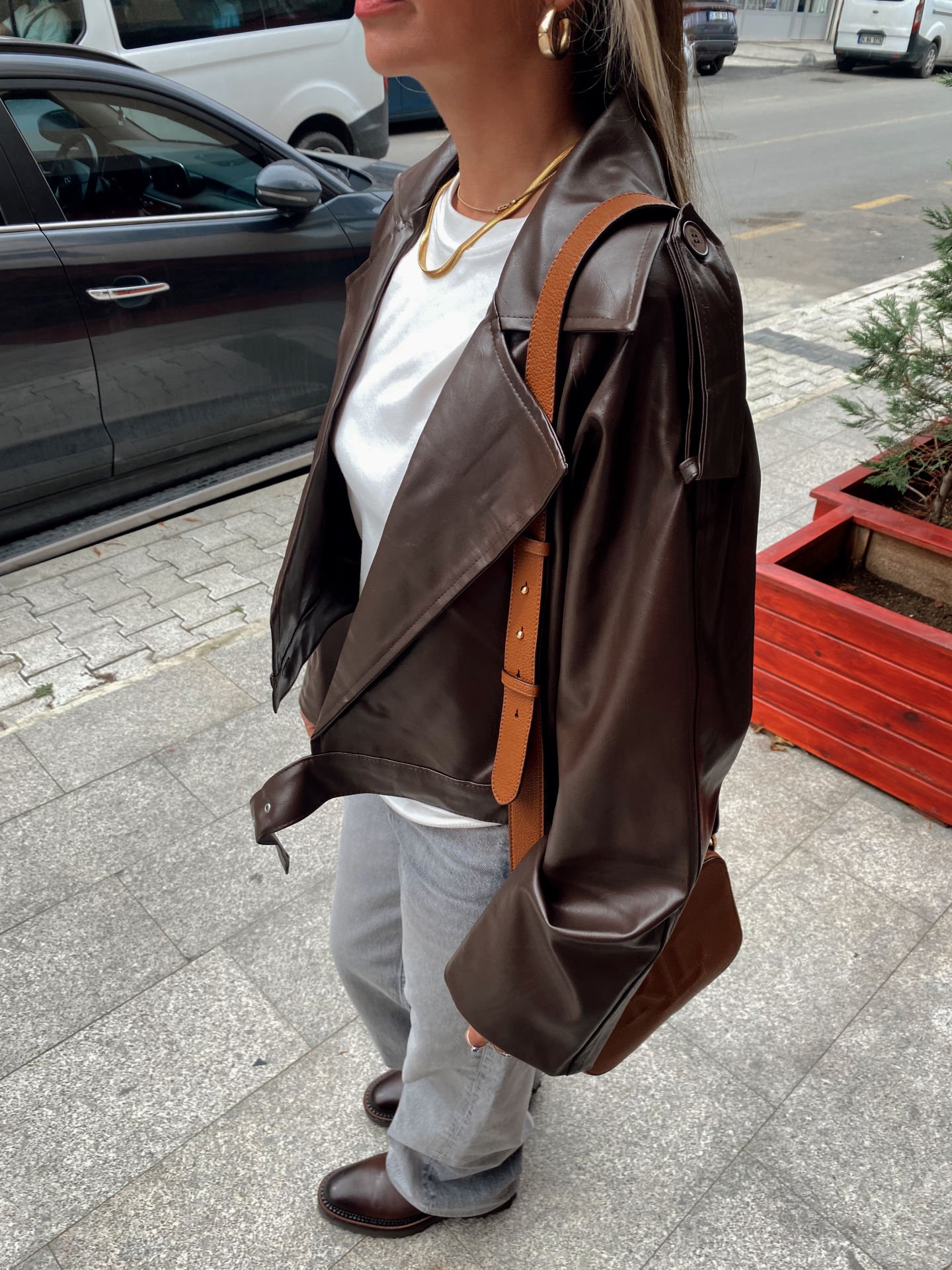 Premium Suni Deri Biker Ceket Acı Kahve