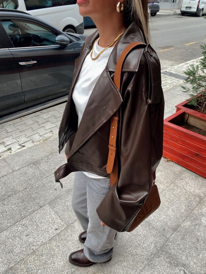 Premium Suni Deri Biker Ceket Acı Kahve