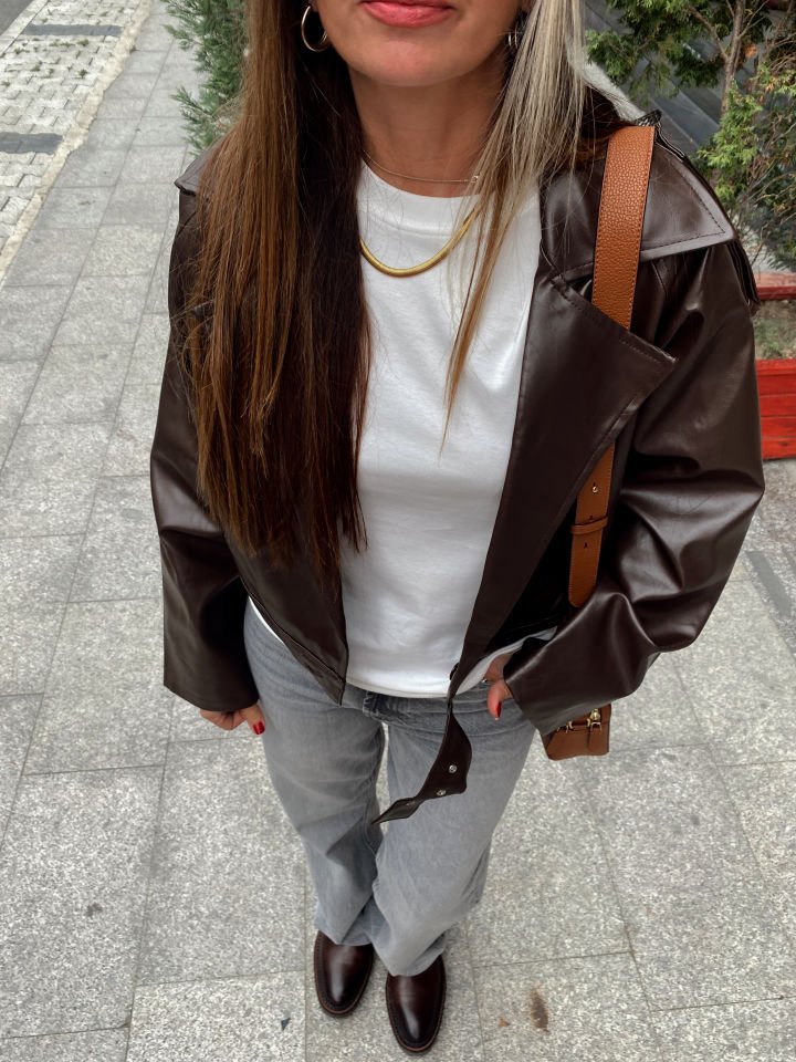 Premium Suni Deri Biker Ceket Acı Kahve