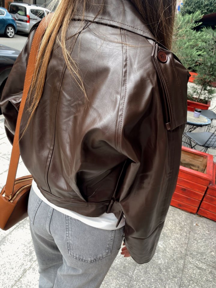 Premium Suni Deri Biker Ceket Acı Kahve