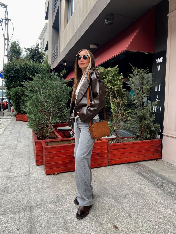 Premium Suni Deri Biker Ceket Acı Kahve