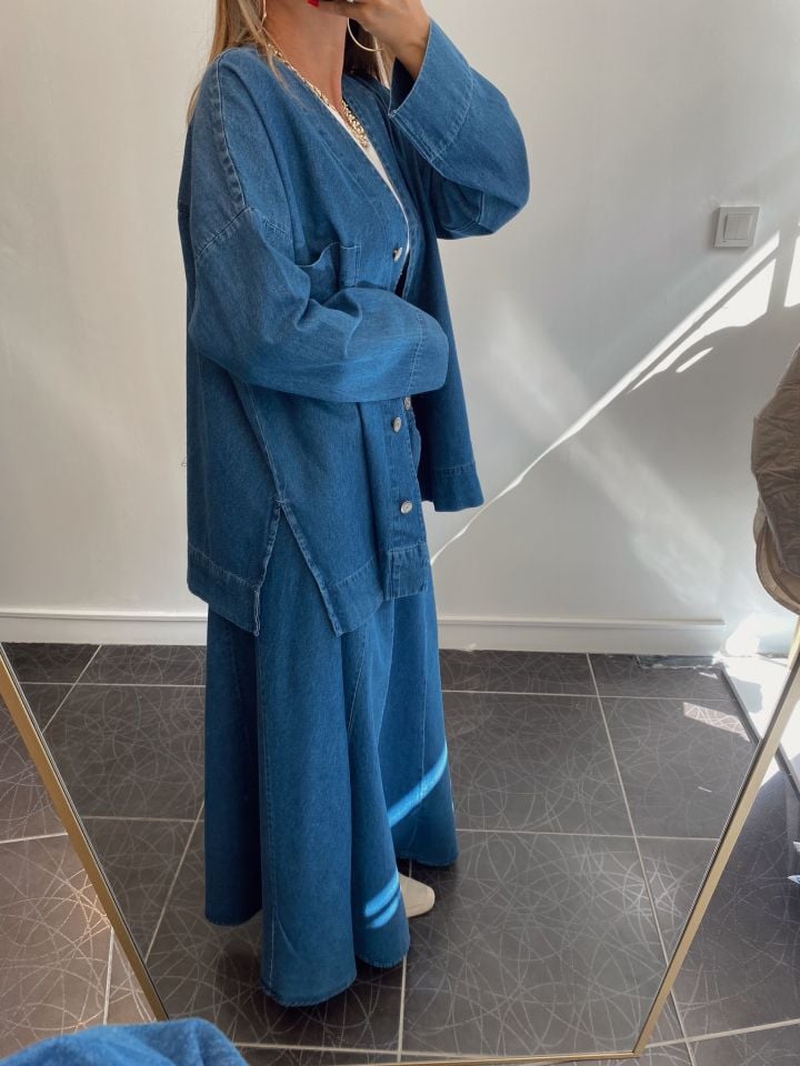 Premium Parçalı Maxi Denim Etek