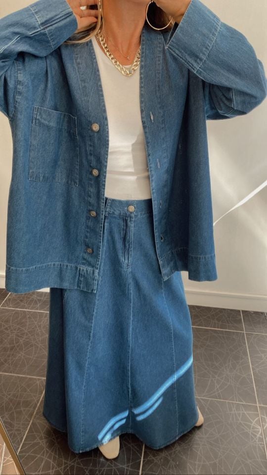 Premium Parçalı Maxi Denim Etek