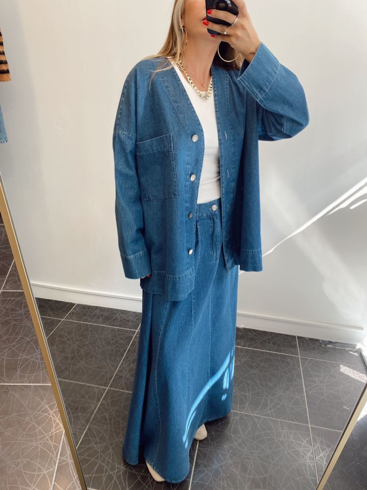 Premium Parçalı Maxi Denim Etek