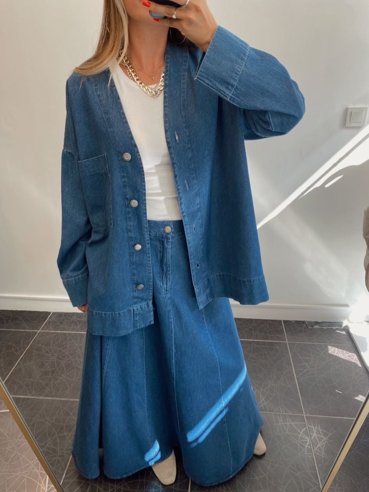 Premium Parçalı Maxi Denim Etek