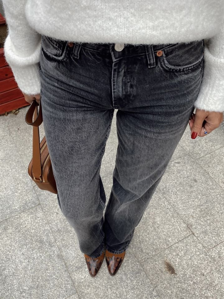 Orta Bel Jean Pantolon Taşlanmış Siyah