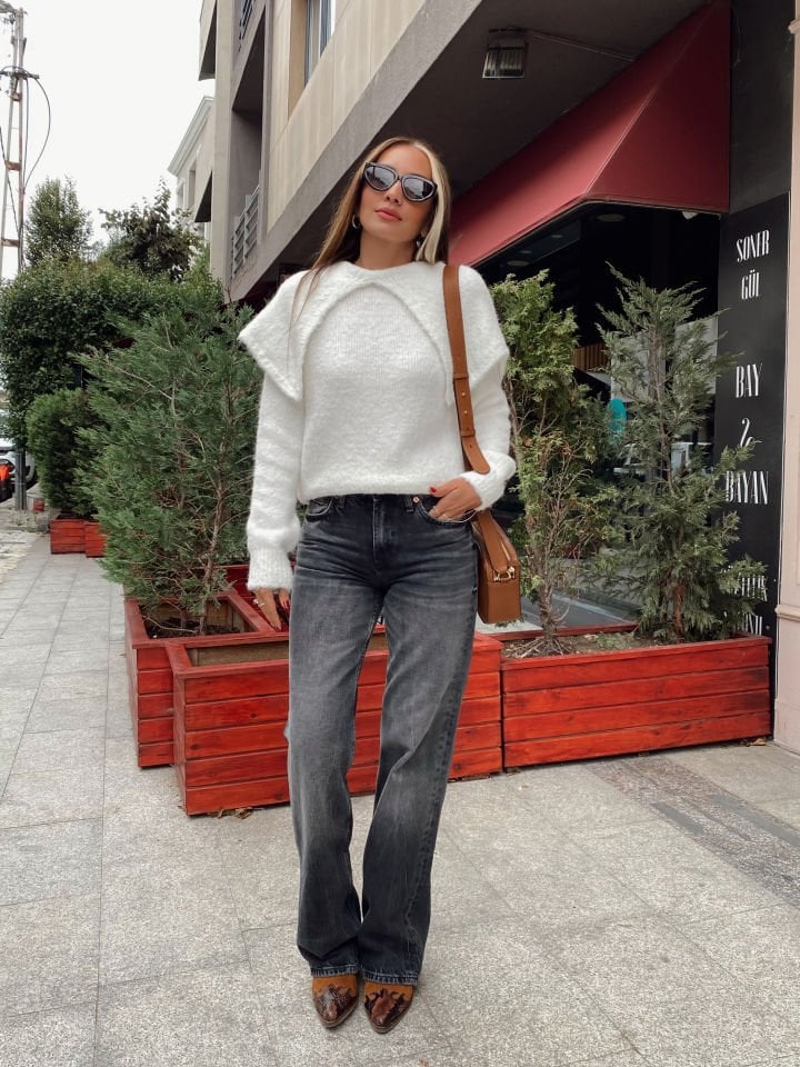 Orta Bel Jean Pantolon Taşlanmış Siyah