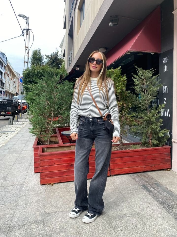 Massş Çizgili Sweatshirt Siyah Ekru