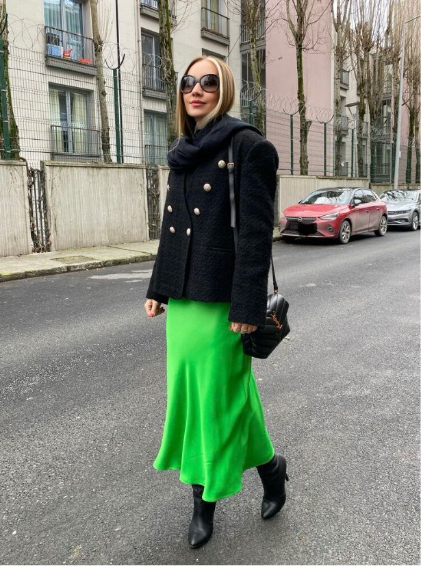Beli Lastikli Saten Midi Etek Yeşil