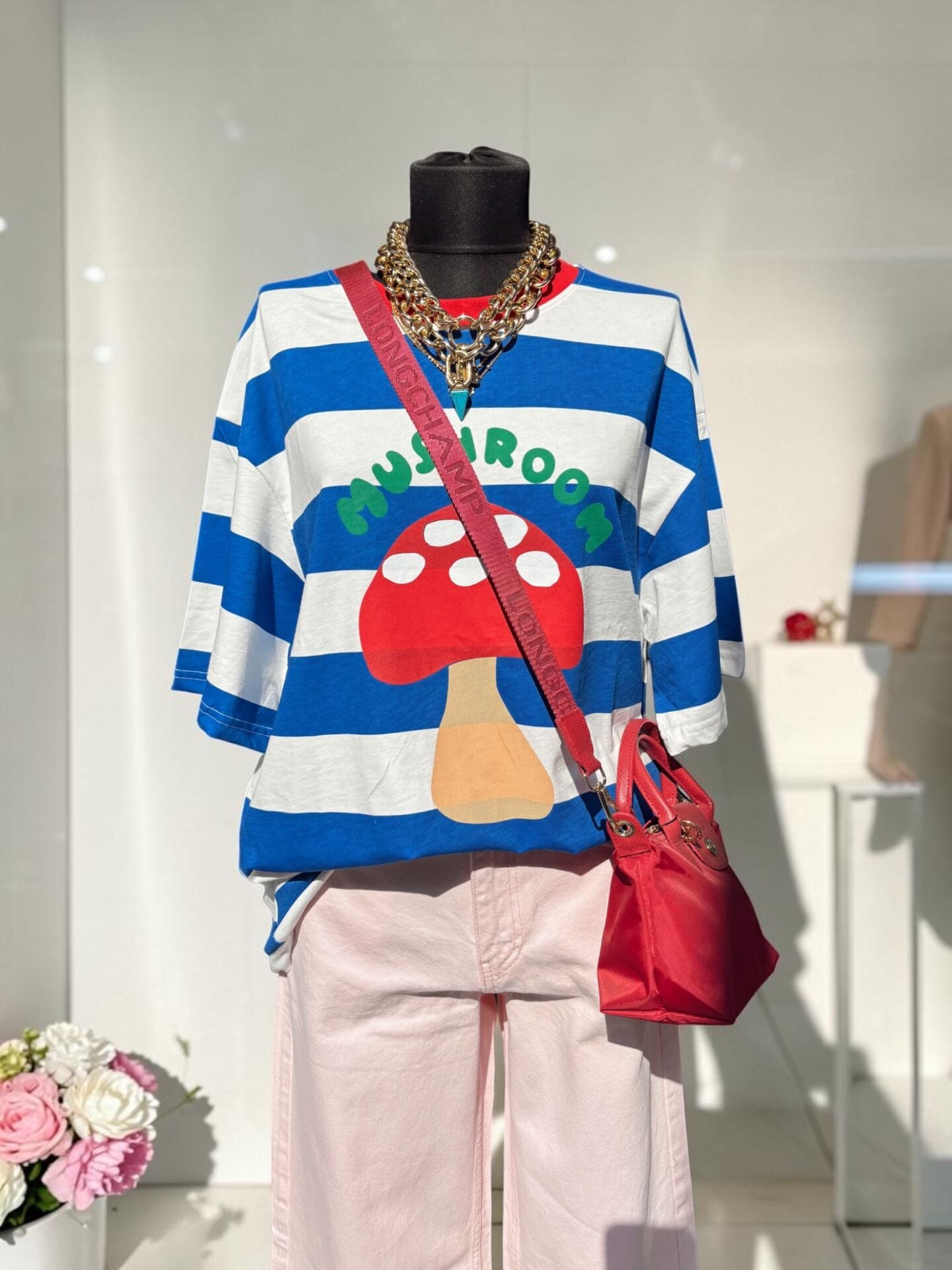 Mavi Çizgili Mantar Desenli Oversize Tişört