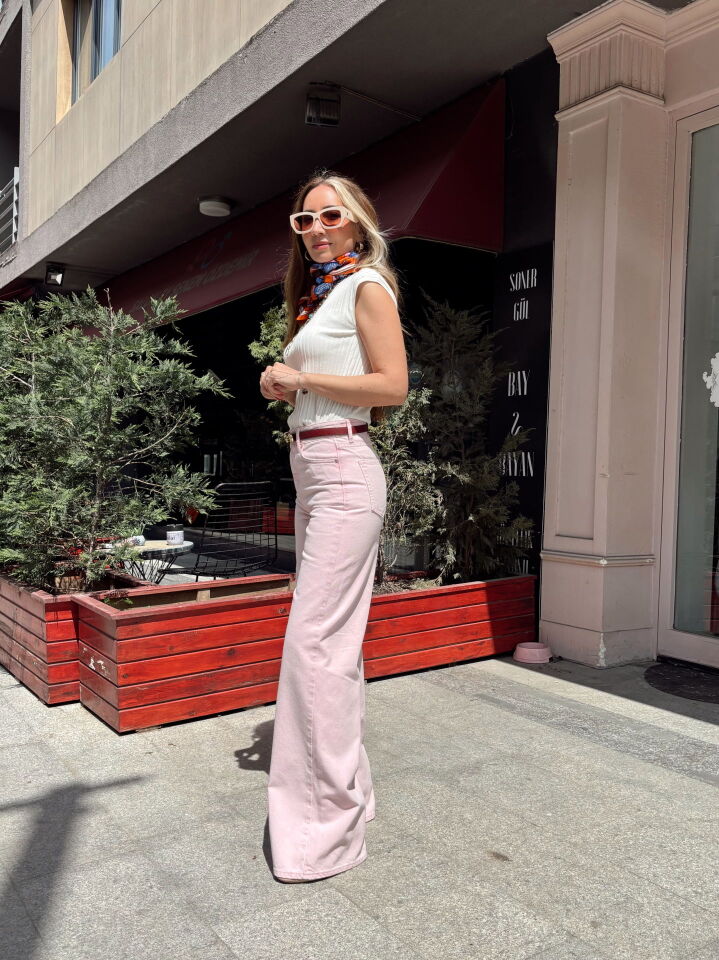 Soft Pembe Wide Leg Yüksek Bel Premium Jean Pantolon