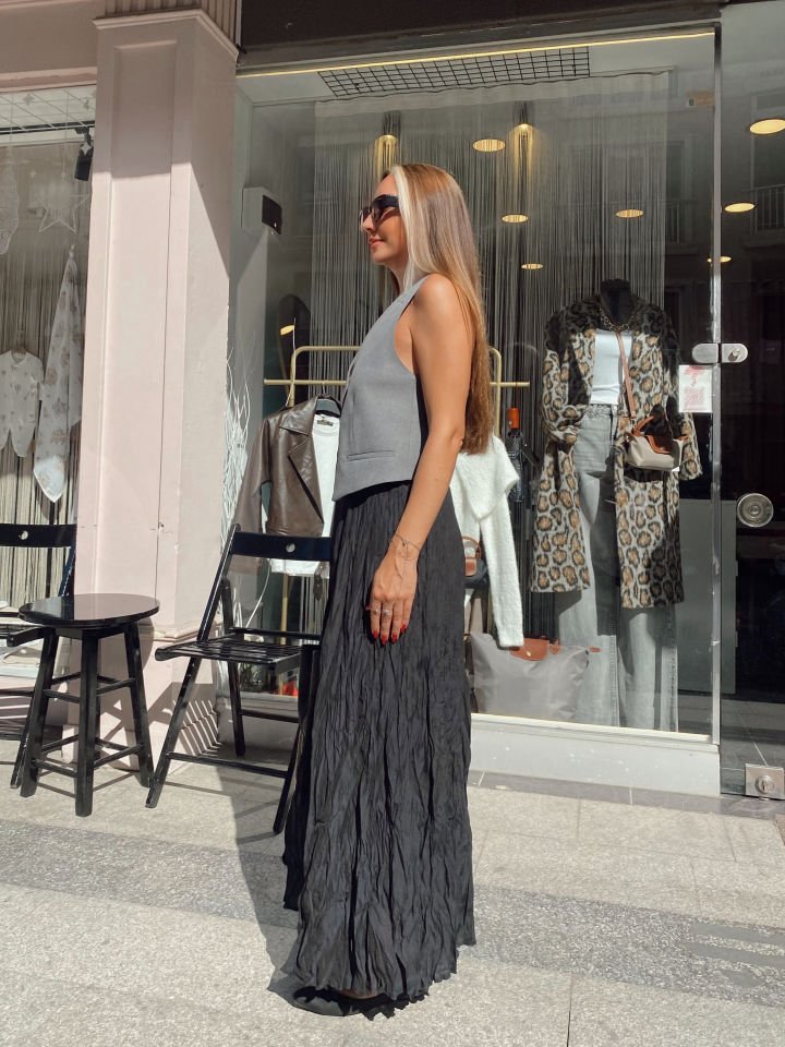 Premium Siyah Kırışık Etek
