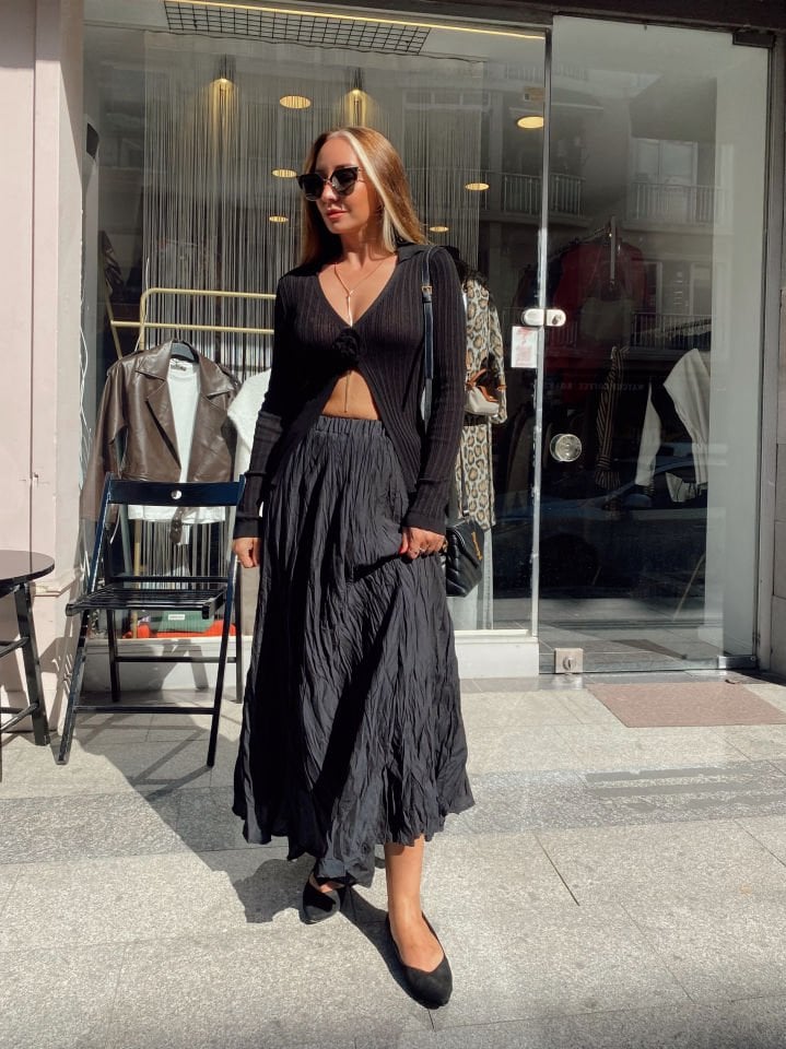 Premium Çiçek Detaylı Bluz Siyah