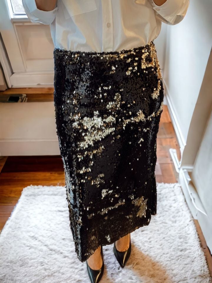 Payetli Premium Siyah/Gold Midi Etek