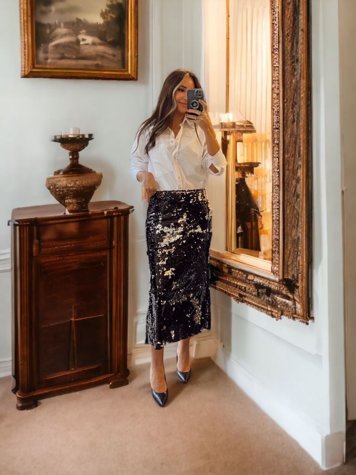 Payetli Premium Siyah/Gold Midi Etek