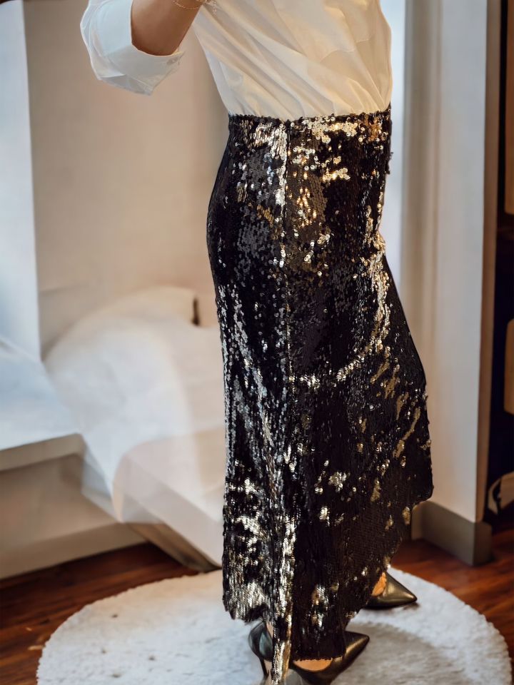 Payetli Premium Siyah/Gold Midi Etek