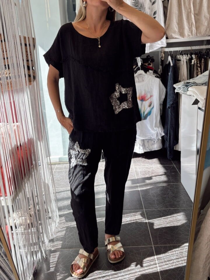 İtalyan Pullu Yıldız Tasarımlı Keten Takım Siyah